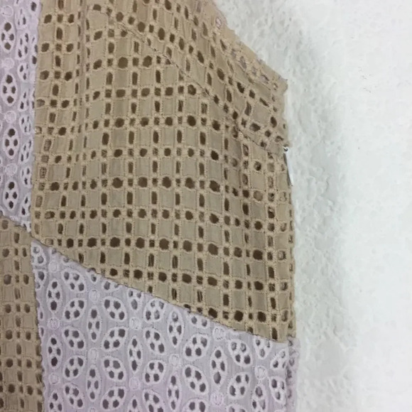Urban Outfitters Kay Cream Tan Patchwork 70s Eyelet Shift Mini Dress Medium - Picture 12 of 15